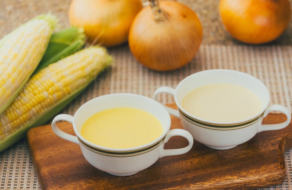 Soup and cocktails made with vegetables grown in water chestnut compost are served.